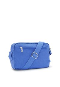 Borsa a tracolla blu in tela, dotata di scomparto principale con zip, tasca frontale, tracolla regolabile e forma rettangolare.