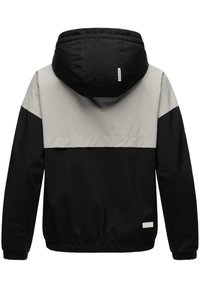 Black and gray windbreaker jacket with a drawstring hood, elastic cuffs, and hem; features color-blocked design and subtle logo accent.