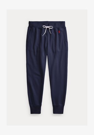 Marineblå joggebukser med hvid snor, sidelommer, ribstrikkede manchetter og et lille rødt broderet Polo-logo på højre hofte.