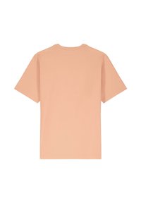 T-shirt a maniche corte di colore pesca chiaro, realizzato in cotone, con un classico colletto rotondo e una superficie liscia e uniforme.