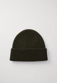 Dark green knitted beanie with a ribbed texture and a folded cuff. Features a rounded top, made from soft, flexible yarn.