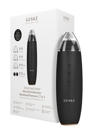 Appareil GESKE pour enlever les points noirs et boîte blanche affichant des embouts d'aspiration pour peau sensible à intense, plus sept technologies de soins de la peau listées.