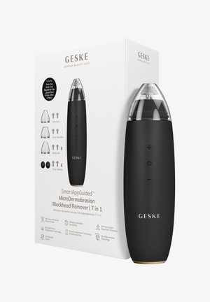 Appareil GESKE pour enlever les points noirs et boîte blanche affichant des embouts d'aspiration pour peau sensible à intense, plus sept technologies de soins de la peau listées.