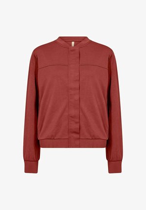 Rode, lichte bomberjack gemaakt van zachte stof met een staande kraag, voorpaneel en elastische manchetten en onderkant.