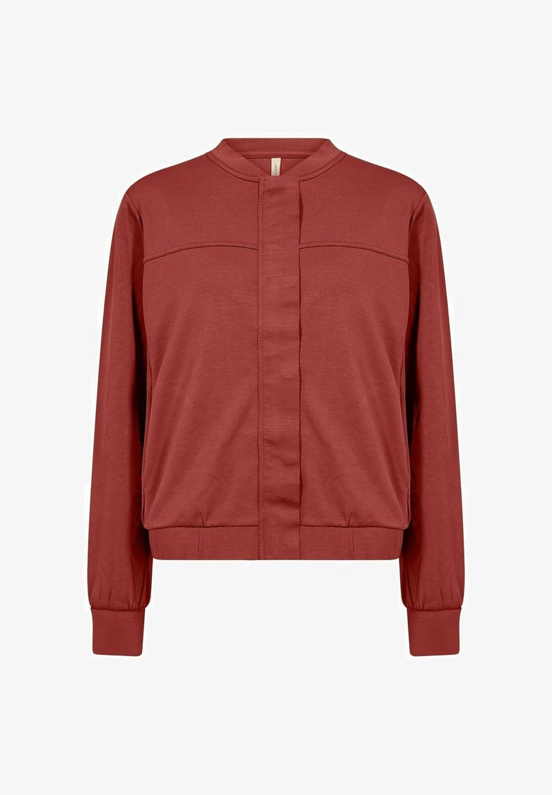 Rode, lichte bomberjack gemaakt van zachte stof met een staande kraag, voorpaneel en elastische manchetten en onderkant.