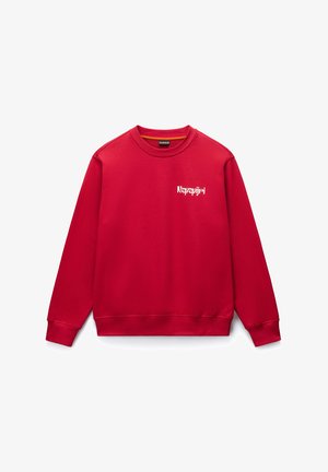 Czerwona bluza wykonana z miękkiego materiału, z okrągłym dekoltem i długimi rękawami. Logo "Napapijri" na białym tle na piersi. Gładka faktura.