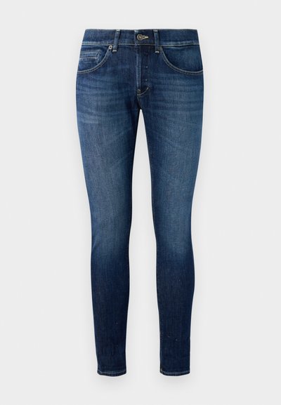 Mörkblå skinny jeans i denim, med en klassisk femfickdesign, blekta ben och kontrasterande sömmar samt en metallknappstängning.