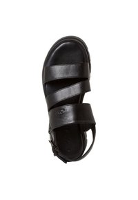Black sandal with three wide straps over the foot, smooth leather texture, open toe design, and adjustable ankle strap with buckle.