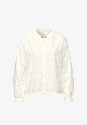 Blouse blanche à manches longues avec motif en dentelle à œillets, boutonnée devant, poignets élastiques et col légèrement froncé, marquée "Street One" à l'intérieur.