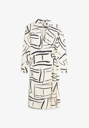 Cremefarbener Wickelkleid mit schwarzem abstraktem Pinselstrichmuster, langen Ärmeln, Reverskragen und seitlichem Gürtel mit goldener Schnalle.