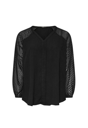 Czarna bluzka z dekoltem w serek i zapięciem na guziki. Długie, przezroczyste rękawy z wzorem w jodełkę. Miękka tkanina, luźny krój.