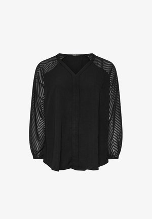 Czarna bluzka z dekoltem w serek i zapięciem na guziki. Długie, przezroczyste rękawy z wzorem w jodełkę. Miękka tkanina, luźny krój.