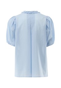 Hellblaue Bluse mit Puffärmeln, gerafftem Ausschnitt und Rückendetail mit Kellerfalte. Hergestellt aus glattem Stoff mit weicher Textur.