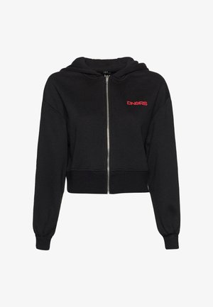 Black cropped hoodie made of soft fabric, featuring a front zipper and ribbed cuffs. Red "DNGRS" logo on the left side.