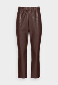 Pantalon en simili cuir marron avec une taille élastique, coupe ajustée et jambes droites. Texture lisse avec un éclat subtil.