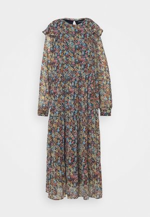 Robe midi à manches longues avec petit motif floral multicolore, encolure ronde et taille froncée, en tissu léger et transparent.