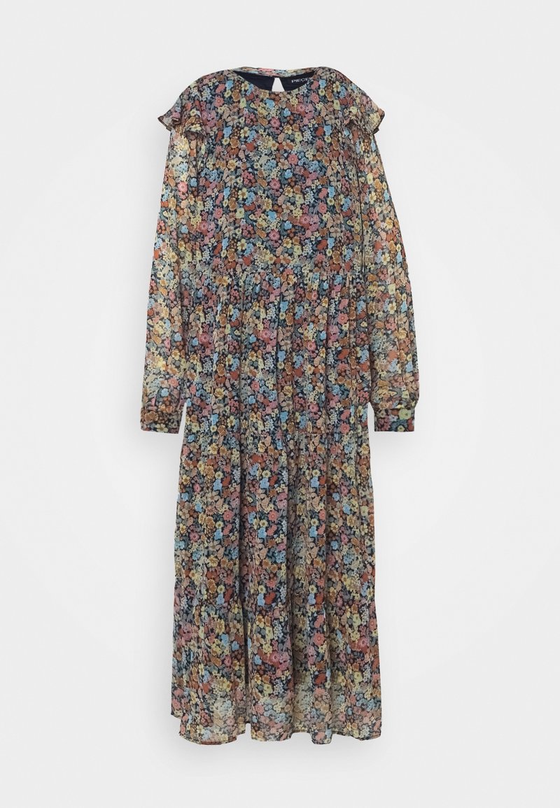 Robe midi à manches longues avec petit motif floral multicolore, encolure ronde et taille froncée, en tissu léger et transparent.