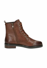 Stivaletto in pelle marrone con lacci frontali, zip laterale, punta arrotondata, texture liscia e tacco basso impilato.