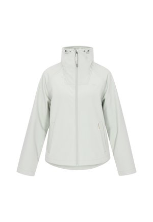 Jachetă softshell gri deschis, cu guler înalt, fermoar frontal și buzunare laterale, ce prezintă un design curat și modern.