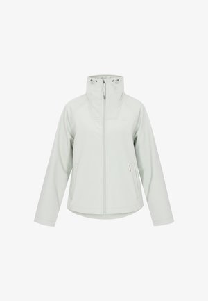 Hele halli pehmest kestast jakk kõrge kraega, ees lukuga ja küljetaskutega, näidates puhta ja modernse disaini.