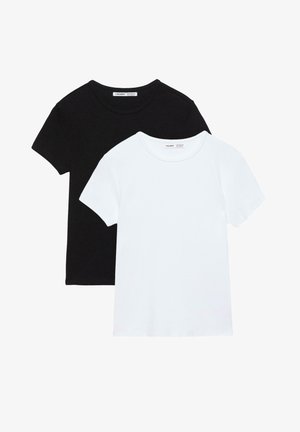 Deux t-shirts à col rond, manches courtes et simples, un noir et un blanc, posés à plat et légèrement superposés sur un fond blanc.