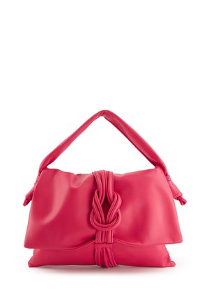 Pink leather handbag with a knotted design at the front, smooth texture, and a structured shape. Features a dual handle for carrying.