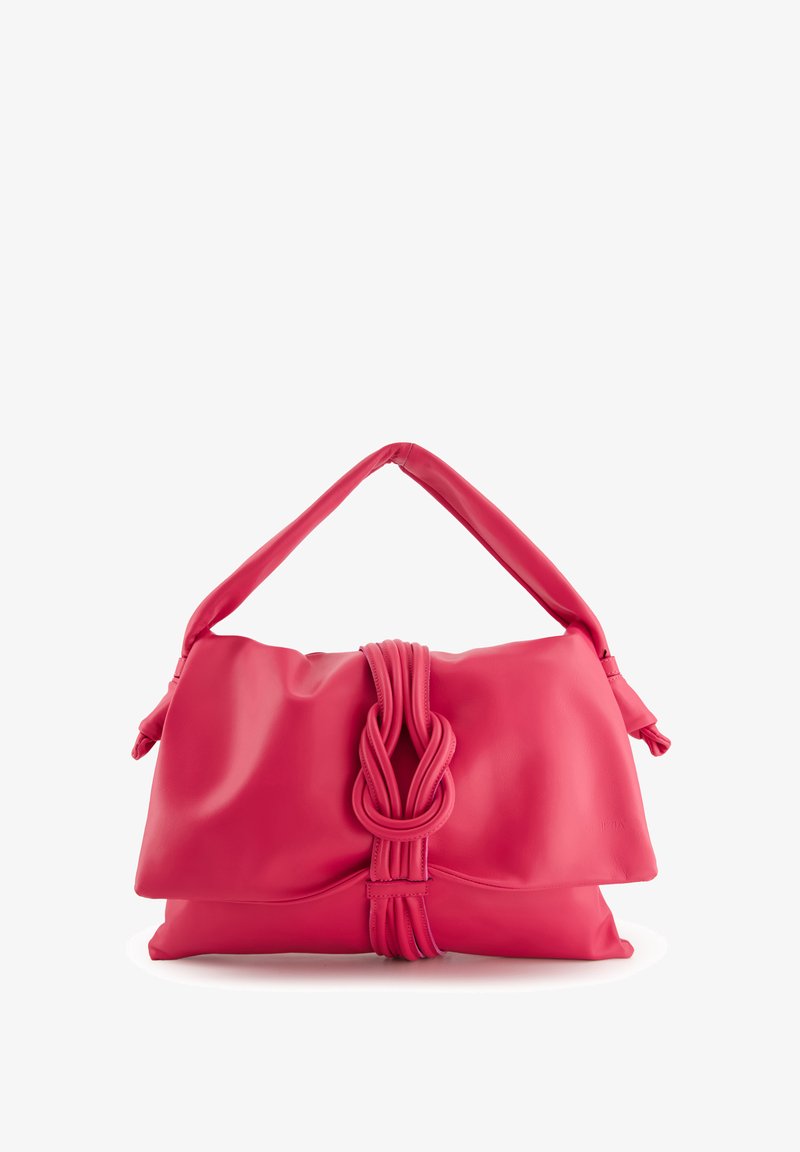 Rosa Lederhandtasche mit einer geknoteten Design an der Vorderseite, glatt und strukturiert. Verfügt über einen Doppelen Griff zum Tragen.