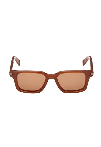 Brown rectangular sunglasses with tinted lenses, featuring a thick frame and textured temples. Subtle metallic accents on the sides.
