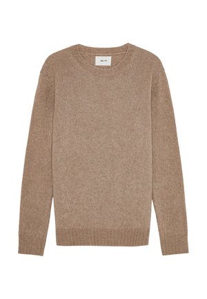 Beige stickad tröja med rund halsringning, långa ärmar och ribbade muddar och nederkant; har ett strukturerat mönster över hela.