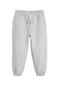 Light gray sweatpants made of soft cotton blend. Features elastic waistband with drawstring, ribbed cuffs, and two side pockets.