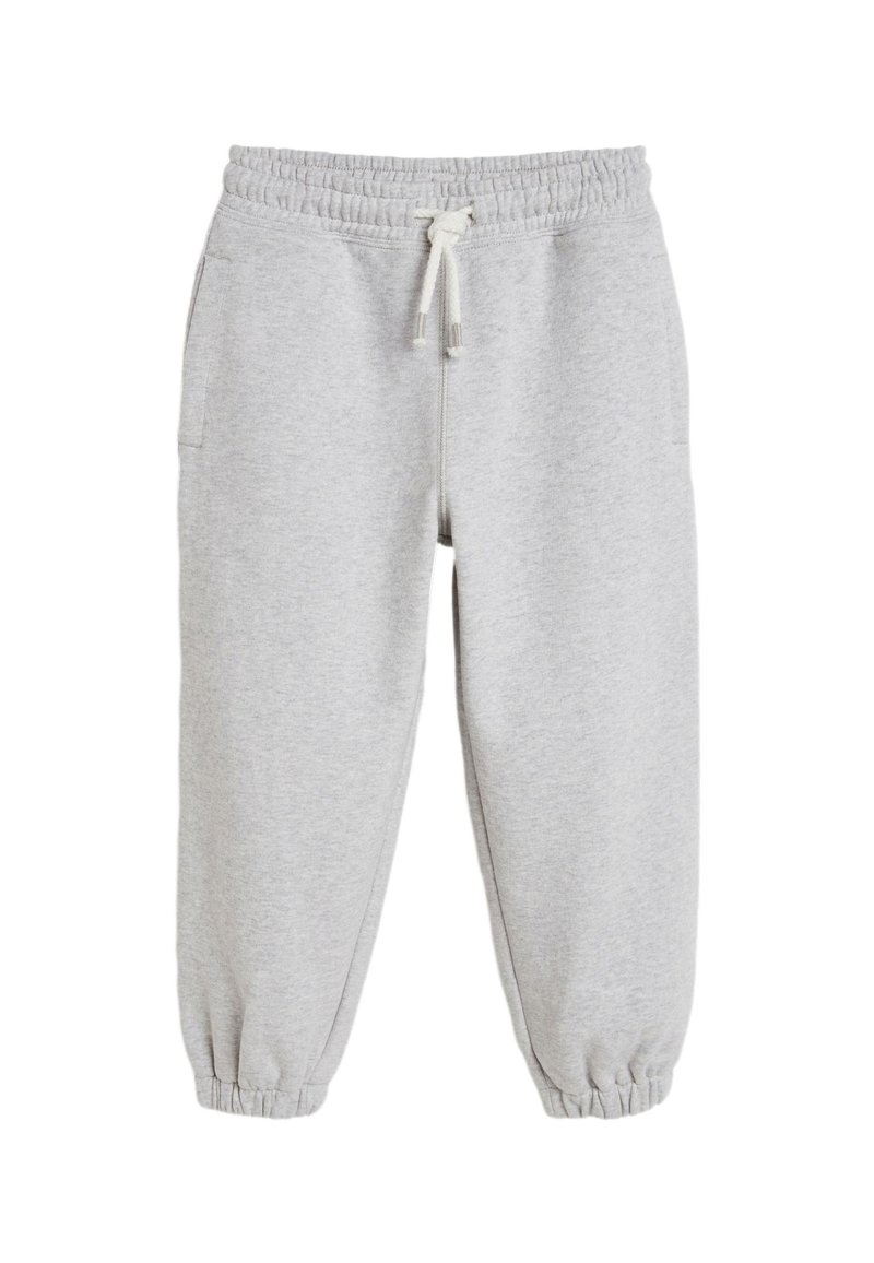 Light gray sweatpants made of soft cotton blend. Features elastic waistband with drawstring, ribbed cuffs, and two side pockets.
