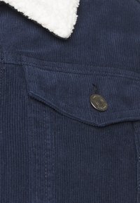Dettaglio ravvicinato di una tasca di una giacca in corduroy blu navy con bottone a pressione in metallo e bordo del colletto in pile bianco.