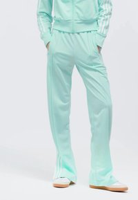 Mintgroene trainingspak met een ritsjack en bijpassende broek. Bevat witte strepen langs de mouwen en benen. Gladde textuur en relaxte pasvorm.