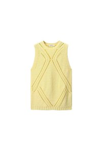 Pull en maille sans manches de couleur jaune avec un motif texturé arborant des formes de diamant et des détails ajourés, col rond et ourlet côtelé.