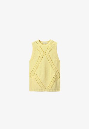 Pull en maille sans manches de couleur jaune avec un motif texturé arborant des formes de diamant et des détails ajourés, col rond et ourlet côtelé.