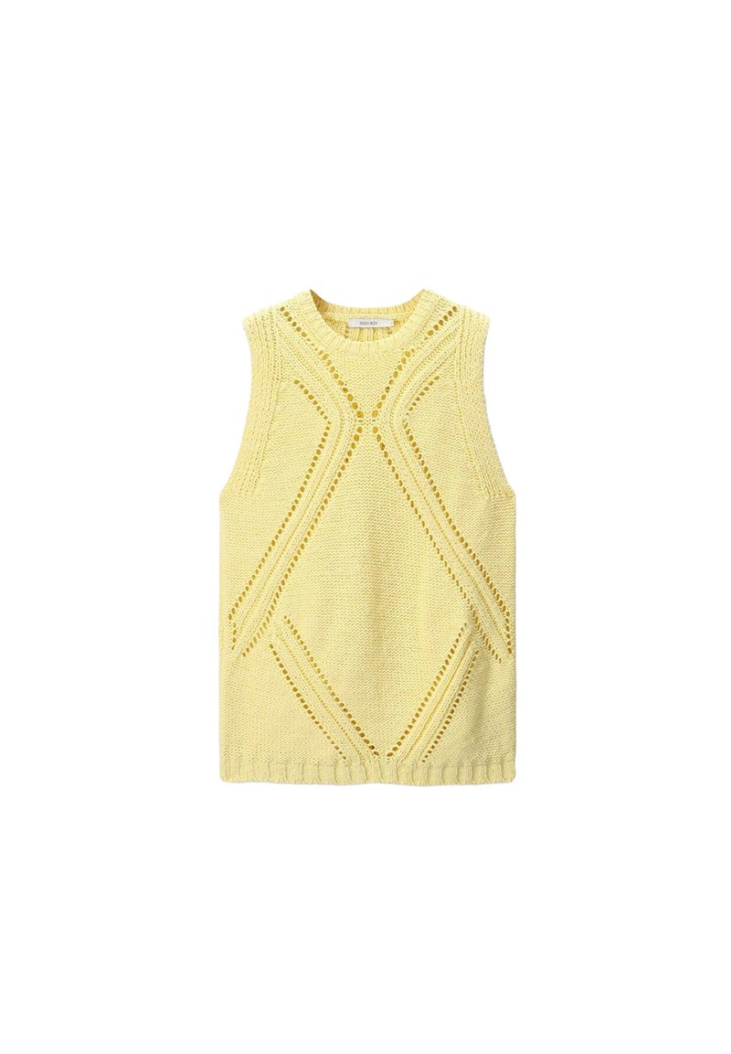 Pull en maille sans manches de couleur jaune avec un motif texturé arborant des formes de diamant et des détails ajourés, col rond et ourlet côtelé.