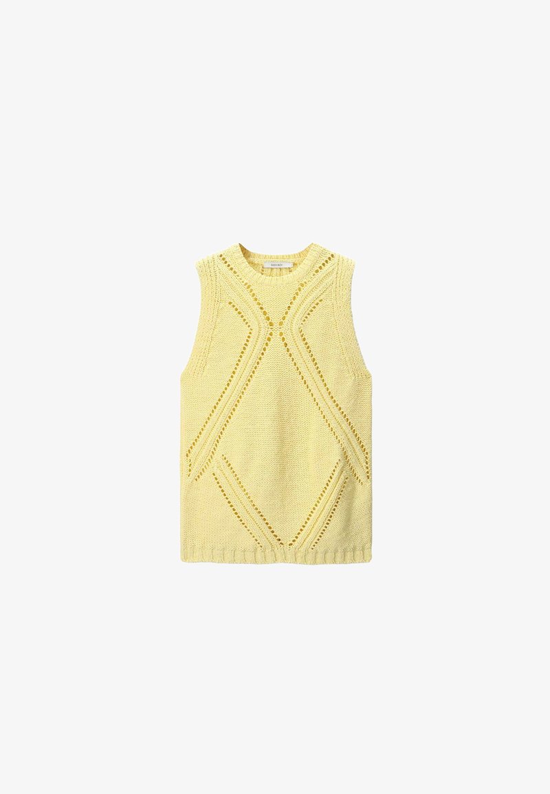 Pull en maille sans manches de couleur jaune avec un motif texturé arborant des formes de diamant et des détails ajourés, col rond et ourlet côtelé.
