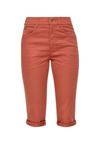 Shorts skinny longueur au genou de couleur rouille, avec ourlets retroussés, poches avant, passants pour ceinture et fermeture par bouton.