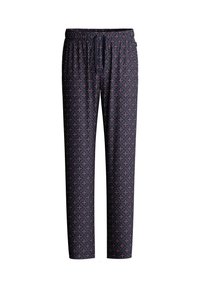 Zwarte loungebroek met een geometrisch patroon in rood en wit. Elastische tailleband met verstelbaar trekkoord. Relaxte pasvorm.