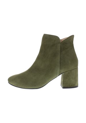 Olive green suede ankle boot with block heel, rounded toe, and side elastic panel for easy wear.