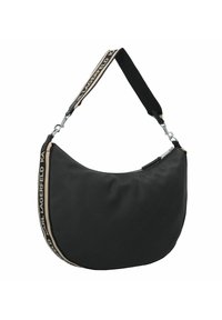 Schwarze Schultertasche aus weichem Stoff, mit geschwungener Form, Reißverschluss und abnehmbarem Tragegurt mit beigem Logo-Print.