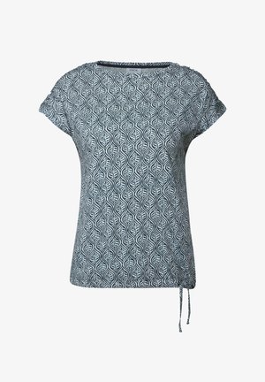 Kurzärmliges Oberteil in Blau mit Blattmuster, runder Ausschnitt und seitlichem Kordelzug für eine verstellbare Passform. Glatte Stofftextur.