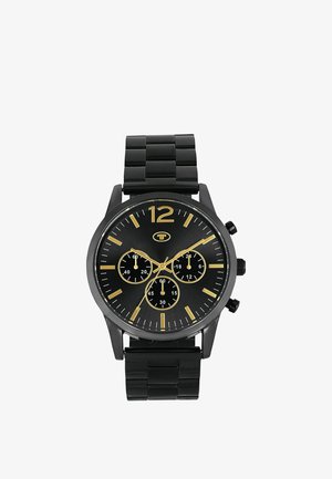 Black metal wristwatch with gold hour markers, three subdials, two push buttons, and a metal link strap showing 12:10:37.
