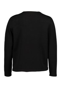 Schwarzer Pullover mit langen Ärmeln, rundem Halsausschnitt und glatter Textur. Keine sichtbaren Muster oder Akzente. Rückansicht gezeigt.