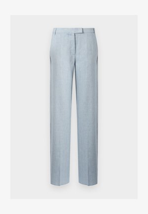 Svetlo modre hlače z ravnimi nogavicami, z srednje visokim pasom in stranskimi žepi, z nevidnim sprednjim zadrgo in zapiranjem na kljukico.