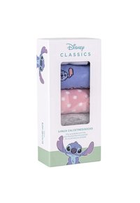 Confezione da cinque paia di calze in una scatola. Presenta i seguenti motivi: blu con un personaggio dei cartoni animati, rosa con pois, grigio uniforme. Realizzate in un mix di cotone e poliestere.
