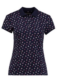 Marinblå polo t-shirt med kort ärm, med ett mönster av små röda och vita hjärtan. Krage med tre knappar vid halsen.