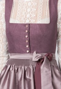 Purple linen bodice with pearl buttons, lightweight white lace sleeves, and satin skirt features a gathered waist and a matching ribbon belt.