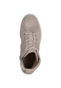 Světlé šedé semišové kotníkové boty s kulatou špičkou, šněrováním vpředu a bočním zipem. Texturovaný svršek a gumová podrážka.