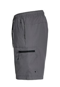 Graue Shorts aus leichtem Material mit einem elastischen Bund, Seitentaschen und einer Reißverschlusstasche an der Vorderseite.